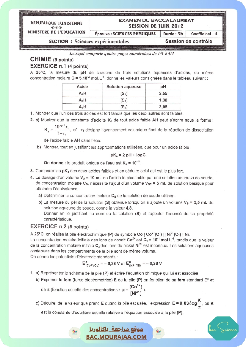 Sujet controle physique Bac 2012 – Section science